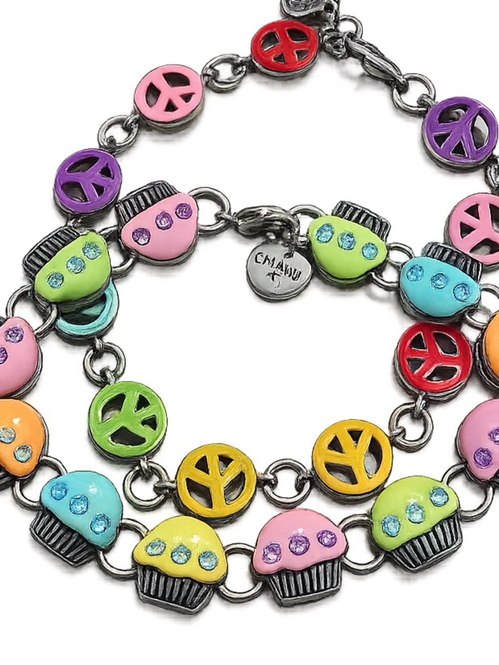 Charm It! Cupcake & Peace Sign Bracelet Set Colorful Enamel Rhinestone 2 Pc set